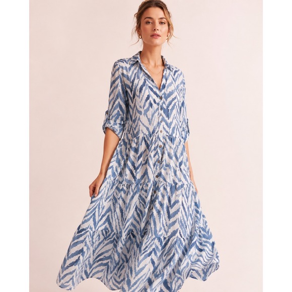 Mlle Gabrielle Dresses & Skirts - Mlle Gabrielle Tiered Maxi Shirt Dress XL Blue Zebra Print Coastal Boho Resort